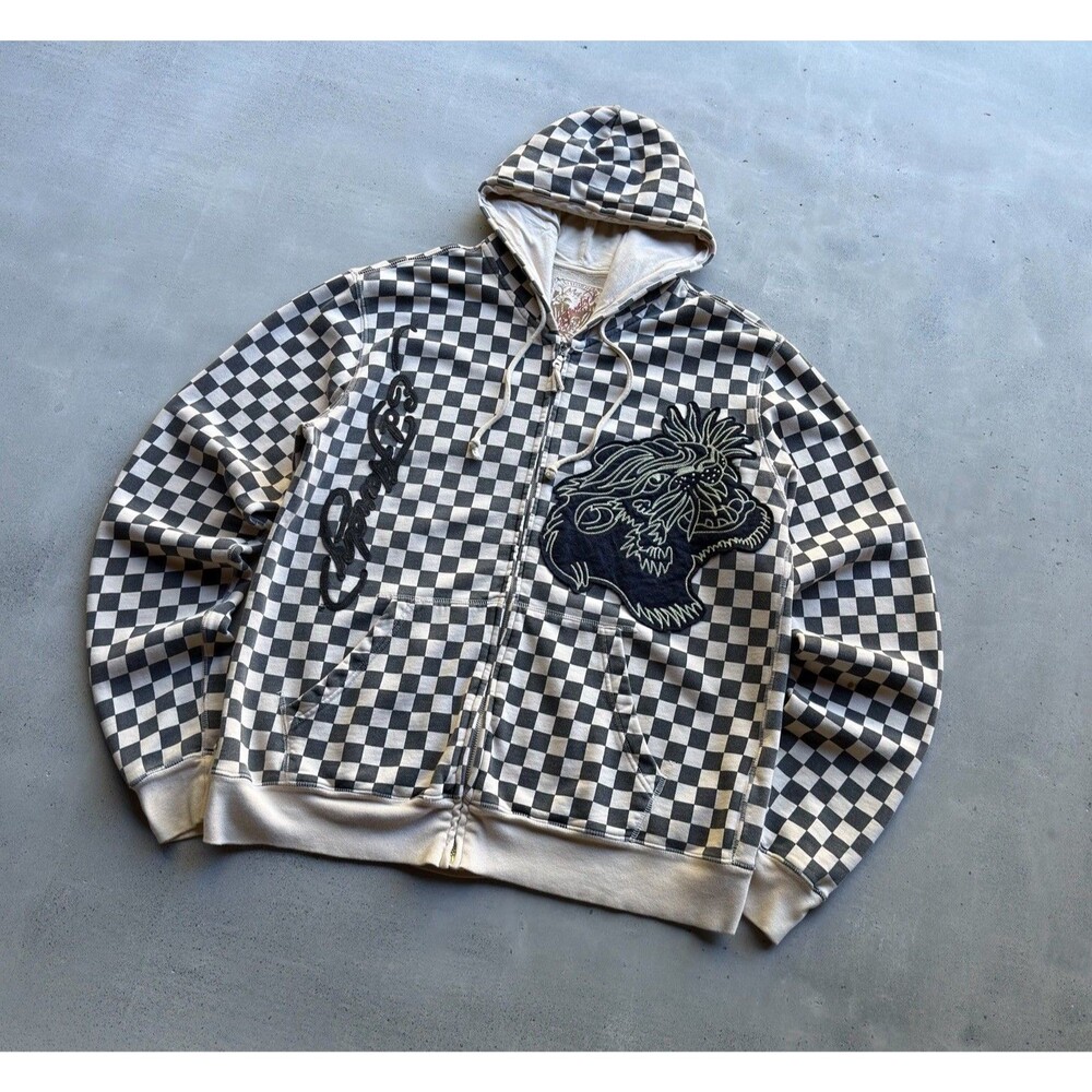 Vintage Ed Hardy Christian Audigier Hoodie L Checkered Tiger Full Zip Y2K